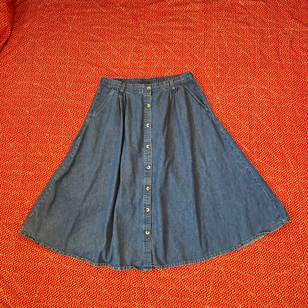 CW Classics Vintage 90s Denim Midi Skirt Blue Button Front Elastic Waist 70s